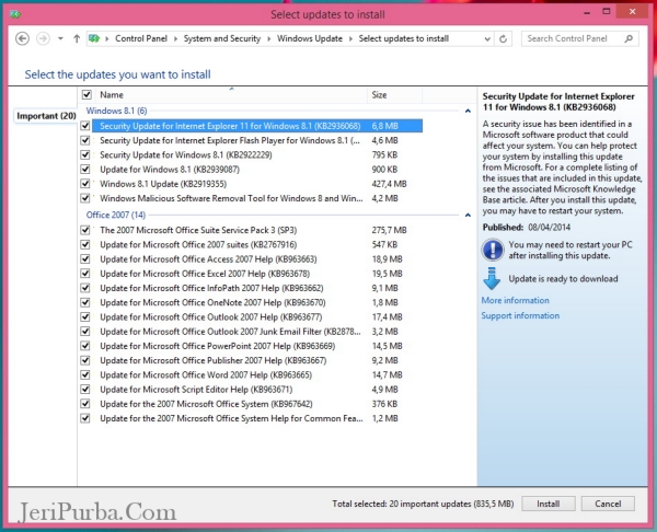 Pilihan file-file yang akan di update di Windows 8.1
